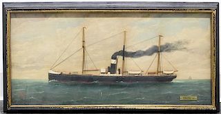 * A Painted Wood Relief Model of a Three-Mast Ship 26 1/2 x 13 1/2 inches (framed).