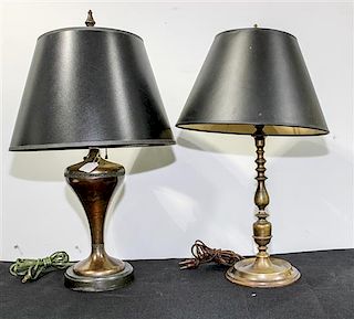 Two Bronze Lamps Height of taller overall 18 inches.