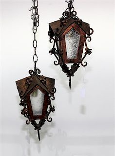 A Group of Three Hanging Lanterns Height of pair 14 1/2 inches.