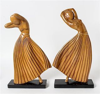 A Pair of Carved Wood Art Deco Figures Height overall 15 inches.