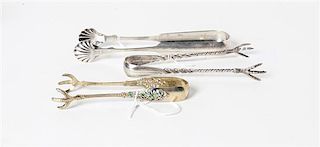 A Group of Three American Silver Sugar Tongs, various makers, comprising an enameled example and two others.