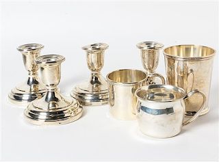 A Collection of Seven American Silver Articles, various makers, comprising a set of four weighted candlesticks marked S. Kirk