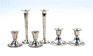 * Six American Silver Articles, various makers, primarily 20th century, comprising two pairs of candlesticks and two trumpet 