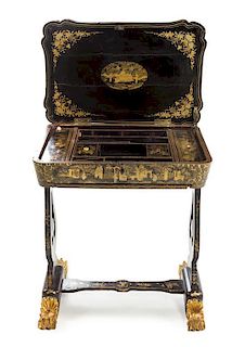 A Regency Lacquered Work Table Height 28 x width 25 3/4 x depth 17 1/2 inches.