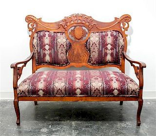 * An Edwardian Mahogany Bench Height 41 3/4 x width 47 1/2 x depth 24 1/2 inches.