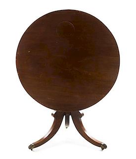 A Regency Style Mahogany Tilt-Top Table Height 27 1/2 x diameter of top 35 1/2 inches.