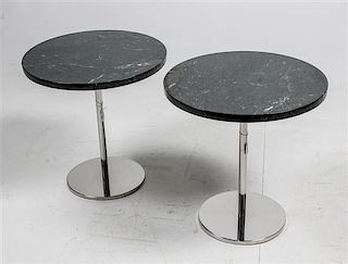 A Pair of Marble and Chrome Occasional Tables Height 20 1/2 x diameter 20 inches.