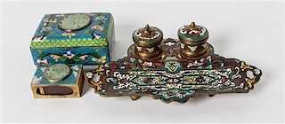 A Group of Three Cloisonne Articles Height of tallest 2 1/4 inches.