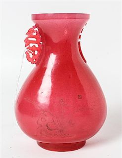 * A Red Peking Glass Vase Height 7 3/4 inches.