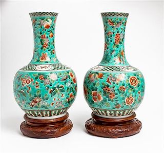 *A Pair of Famille Verte Porcelain Vases Height 13 1/4 inches.