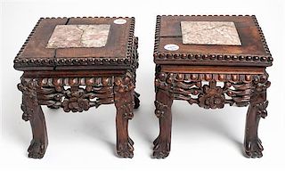 *A Pair of Chinese Marble Inset Rosewood Stands Height 8 1/8 inches.