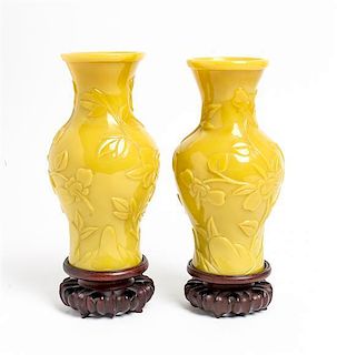 *A Pair of Chinese Yellow Peking Glass Vases Height 8 1/4 inches.