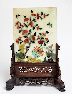 *A Chinese Hardstone Inset Serpentine Table Screen Height 13 1/2 inches.