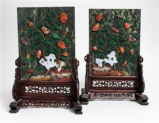 *A Pair of Chinese Hardstone Inset Spinach Jade Table Screens Height 13 1/4 inches.