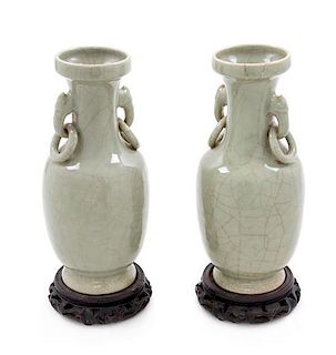 A Pair of Ge- Type Porcelain Vases Height overall 12 1/4 inches.