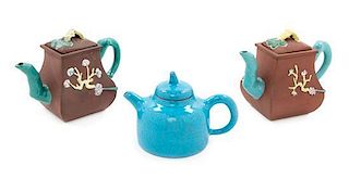Three Yixing Pottery Teapots Height of tallest 5 1/2 inches.