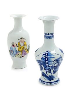 A Blue and White Vase and a Famille Rose Vase Height of taller 11 inches.