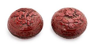 A Pair of Cinnabar Lacquer Covered Boxes Diameter of each 3 inches.
