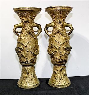 A Pair of Japanese Brass Vases Height 16 3/4 inches.