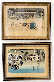 Two Japanese Woodblock Prints Framed 14 1/4 x 18 1/4 inches.