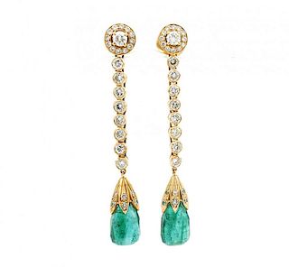 18k Yellow gold, emerald and diamond earrings