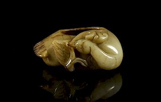 A Carved Jade Goose Form Coupe, Width 3 1/4 inches.
