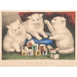 Currier & Ives Cat Themed Hand-Colored Lithographs