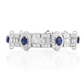 Art Deco style Approx. 11.0 Carat Oval Cut Sapphire,  8.50 Carat Marquise, Round Brilliant and Square Cut Diamond and 18 Kara