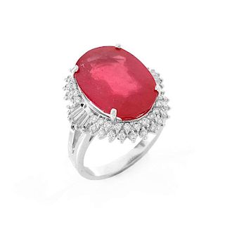 Approx. 11.66 Carat Synthetic Ruby, .75 Carat Round Brilliant and Tapered Baguette Cut Diamond and 18 Karat White Gold Ring