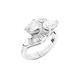 Vintage Approx. 2.50 Carat TW Pear Shape and Baguette Diamond and 14 Karat White Gold Cross Over Ring