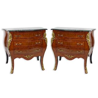 Pair of 20th Century Louis XVI Style Marquetry Inlaid and Gilt Bronze Mounted, Green Marble Top Night Stands/ Chest of Drawer