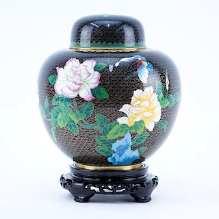 20th Century Chinese Black and Floral Cloisonné Ginger Jar on Wooden Stand