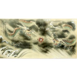Palace Size Chinese Painting on Silk of Two Dragons, Signed and Seal Stamped along with Inscription