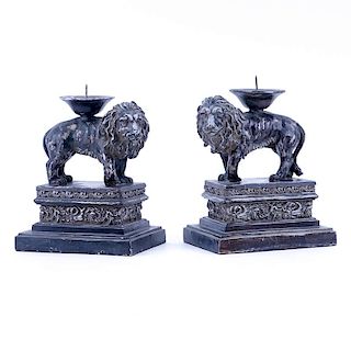 Pair of Renaissance Style Composition Lion Candlesticks
