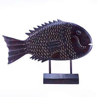 Large Wood Carved and Mother of Pearl Inlaid Fish Sculpture Mounted on Fitted Wooden Base