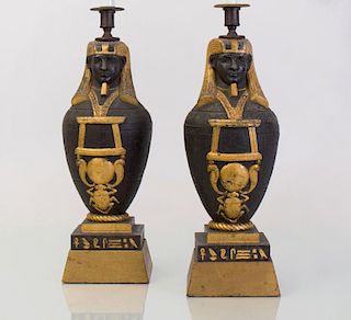 PAIR OF EGYPTIAN REVIVAL STYLE TÔLE-PEINTE CANOPIC JAR-FORM LAMPS
