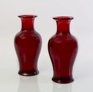 PAIR OF RED LUCITE BALUSTER-FORM VASES