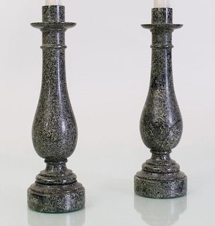 PAIR OF WHITE AND GREEN MARBLE CANDLESTICK LAMPS
