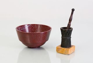 HARDSTONE BOWL AND A BRONZE WHEAT SHEATH-FORM MORTAR AND A ROSEWOOD PESTLE