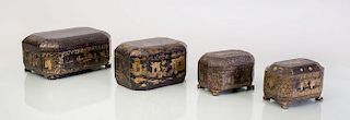 THREE CHINESE EXPORT BLACK LACQUER TEA CADDIES, A SMALL BOX, AND A LARGER WORK BOX