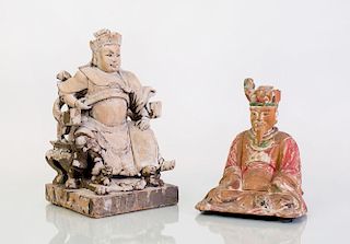 TWO CHINESE CARVED AND PAINTED WOOD SEATED FIGURES