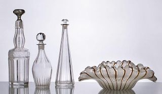 MURANO GLASS CANDY DISH AND THREE GLASS DECANTERS WITH STOPPERS