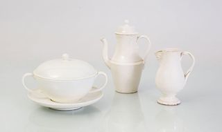 WEDGWOOD CREAMWARE TWO-HANDLED SOUP BOWL, COVER AND STAND, A SMALL COFFEE POT AND COVER, AND A CREAMER