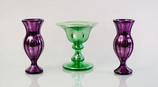 PAIR OF VARNISH & CO. AMETHYST MERCURY GLASS VASES AND AN ALETHOMS & SONS PATENT GREEN MERCURY GLASS STEMMED COMPOTE