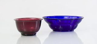 PEKING BLUE GLASS FOOTED QUATREFOIL BOWL AND A PEKING AMETHYST GLASS FOOTED BOWL