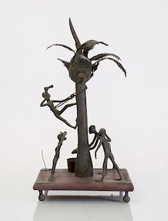 AFRICAN CAST AND HAMMERED-METAL SCULPTURE OF A PALM HARVEST