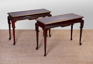 PAIR OF CHINESE EXPORT STYLE MAROON PAINTED AND PARCEL-GILT CONSOLE TABLES