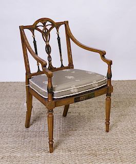 EDWARDIAN STYLE PAINTED SATINWOOD AND CANED ARMCHAIR