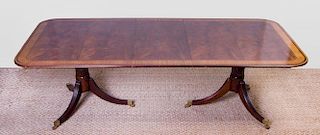 GEORGE III STYLE INLAID MAHOGANY SATINWOOD CROSSBANDED DOUBLE-PEDESTAL DINING TABLE