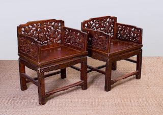 PAIR OF CHINESE PAINTED HARDWOOD THRONE CHAIRS
